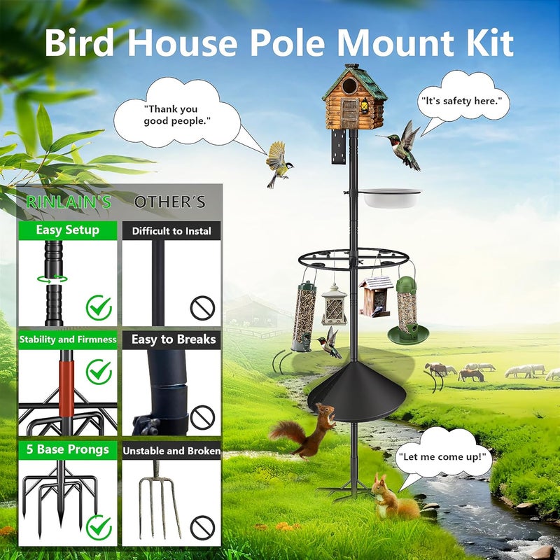 RINLAIN Bird Feeder Pole Stand,95 Inch House Pole for Outdoors Weather Station,Heavy Duty Metal Mount Kit Adjustable Multifunctional Bird Feeder Set - Image 3